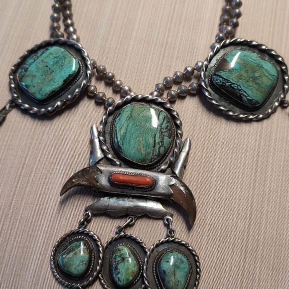 Turquoise coral and Sterling Silver Statement Necklace handmade museum worthy - Picture 2 of 9